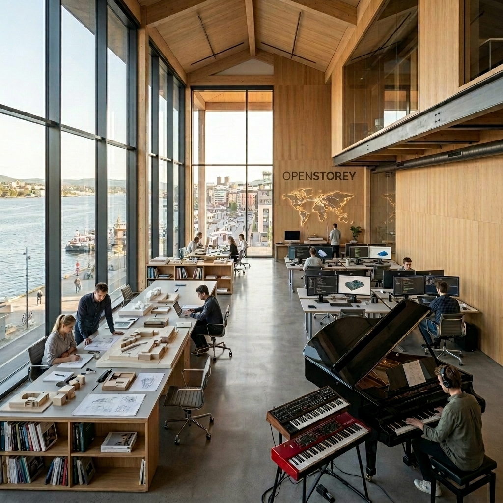 A minimalist creative studio with design models, tech gear, and musical instruments